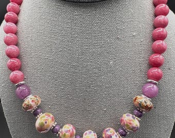 Ruby Pink Quartz Necklace:  Multicolored  Lampwork Glass | Delicate Handmade Choker