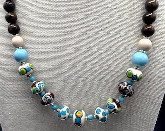 Handmade Boho Gemstone Beaded Necklace, Lampwork Glass and Sterling Silver