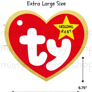 May include: A heart-shaped sign with a red background and a gold border, featuring the white text 'ty' and a yellow star with the text 'ORIGINAL BABY'. The sign includes measurement indicators showing a width of 7.75 inches and a height of 6.75 inches.