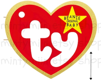 May include: A heart-shaped red tag with a gold border, featuring the white lowercase letters ty and a yellow star with the text BEANIE ORIGINAL BABY. The tag includes a hole at the top and dimensions of 7.75 inches by 6.75 inches.