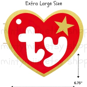 May include: A heart-shaped sign featuring the white lowercase letters ty on a red background with a gold border and a gold star. The text Extra Large Size is at the top. Measuring lines indicate a width of 7.75 inches and a height of 6.75 inches.