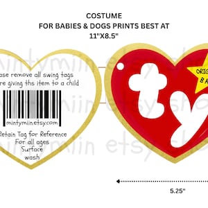 Puede incluir: Un diseño de etiqueta en forma de corazón con fondo rojo, el logotipo ty en blanco y una estrella amarilla con la etiqueta Original Baby. El reverso incluye un código de barras, instrucciones de texto y la URL mintymiin.etsy.com. Mide 13,3 cm por 11,4 cm.