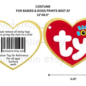 May include: A heart-shaped tag with a gold border. The front features a red background with the white 'ty' logo and 'BEANIE BOO'S' text. The back is white with a barcode, 'mintymiin.etsy.com', and safety instructions. Dimensions are 5.25 by 4.5 inches.
