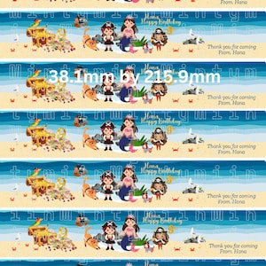 May include: Six colorful favor labels featuring a mermaid and pirate girl with a treasure chest and text that reads "Hana Happy Birthday 9". The labels are 38.1 mm by 215.9 mm and have a blue ocean background with seagulls and a crab.