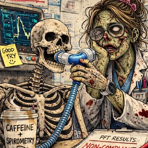 Pode incluir: Uma ilustração humorística mostra um médico zumbi e um esqueleto em um laboratório. O médico, usando óculos, segura um dispositivo médico azul. Uma xícara de café com "CAFFEINE + SPIROMETRY" está na mesa. O texto "PFT RESULTS: NON-COMPLIANT" é visível.