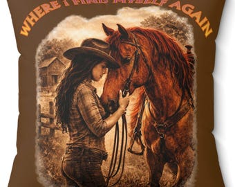 Cojín cuadrado de gamuza sintética con diseño de vaquera y caballo / Decoración de estilo rústico occidental