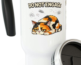 Taza de viaje con ilustración de gato calico "No interactuar" / Acero inoxidable, 414 ml (14 oz)