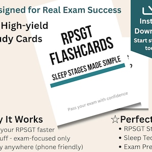 May include: White flashcards with the text "RPSGT FLASHCARDS SLEEP STAGES MADE SIMPLE" are displayed. The cards are designed for exam success and include 25 high-yield study cards. The image also includes the text "Instant Download" and "Start studying today".