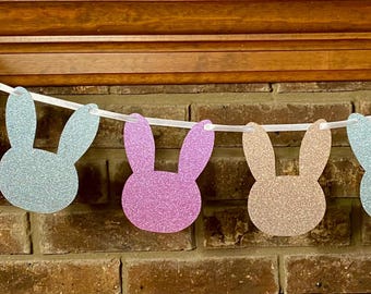 Glitter Ombre Bunny Garland, Purple Gold Blue Easter Spring Decor-6ft white ribbon
