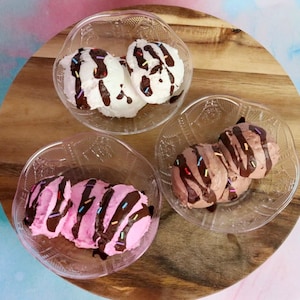 Fake Ice Cream Sundae Bowl: Faux Vanilla, Chocolate, Strawberry Decor