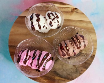 MADE BY ORDER, Fake Ice Cream Sundae Bowl: Faux Vanilla, Chocolate, Strawberry Decor