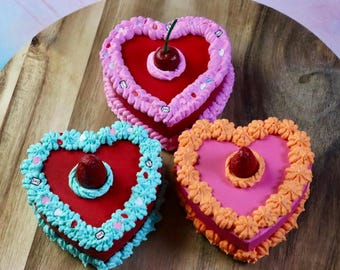 Handmade Heart Faux Cake Box: Decorative Trinket Jewelry Prop, Valentines Day, Galentines Day Photoshoot, Anniversary Gift, Cherry, Hearts