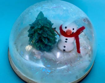 Handmade Clay Snowman Snow Globe, Winter Scene Decor