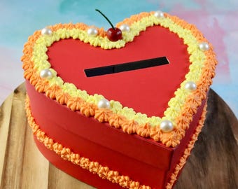 Handmade Heart Trinket Box: Faux Cake Decor, Cherry Topped Storage, Valentine Photoshoot Prop