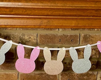 Glitter Ombre Bunny Garland, Pink Gold Blue Easter Spring Decor- 6ft long white ribbon