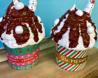 Fake Hot Cocoa Snowman Cupcake, Christmas Tiered Tray Decor