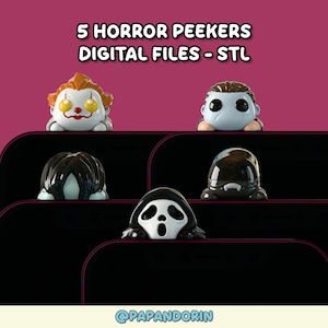 May include: Image features five horror-themed figurines, each with a unique design. The figurines include a clown, a masked figure, and others, all with a cartoonish aesthetic. The text "5 HORROR PEEKERS DIGITAL FILES - STL" is displayed at the top.