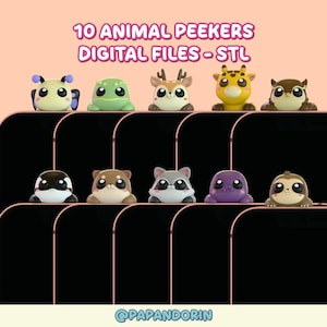 Puede incluir: Imagen que muestra diez archivos digitales de animales peeker. La imagen presenta varios diseños de animales, como una abeja, una rana, un ciervo, una jirafa, un búho, un pingüino, un oso, un mapache, un pulpo y un perezoso. El texto en la parte superior dice "10 ANIMAL PEEKERS DIGITAL FILES - STL".