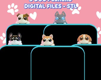 May include: A pink background with white paw prints and hearts features five cartoon dog figurines. The text "5 DOG PEEKERS DIGITAL FILES - STL" is at the top. The figurines are in various colors and breeds.
