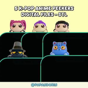 Op de afbeelding: Afbeelding met vijf K-Pop anime-stijl beeldjes, elk met unieke kapsels en uitdrukkingen, die over de rand van een zwart scherm kijken. De tekst "5 K-POP ANIME PEEKERS DIGITAL FILES - STL" staat bovenaan. De onderkant van de afbeelding heeft de tekst "@PAPANDORIN".