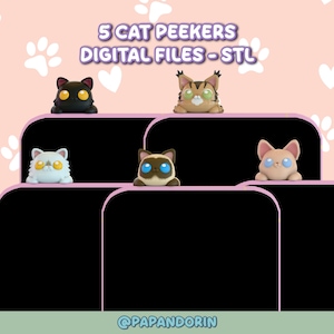 May include: An image showing five cat figurines in various colours and patterns. The text "5 CAT PEEKERS DIGITAL FILES - STL" is displayed at the top. The background is light pink with white paw prints and hearts. The figurines are arranged on black platforms.