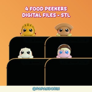 May include: An orange background with the text "4 FOOD PEEKERS DIGITAL FILES - STL". Four cartoon food characters are displayed. The characters are yellow, brown, white, and pink. The bottom of the image has the text "@PAPANDORIN".