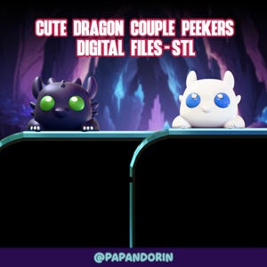 May include: A pair of cute dragon figurines, one black with green eyes and the other white with blue eyes, are displayed. The text "CUTE DRAGON COUPLE PEEKERS DIGITAL FILES-STL" is at the top. The bottom of the image has the text "@PAPANDORIN".