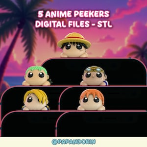 May include: Five anime-style figurines with large eyes and various hair colours and accessories are shown. The text "5 ANIME PEEKERS DIGITAL FILES - STL" is displayed at the top. The figurines are set against a pink and purple sunset background.