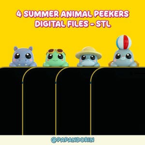 Könnte beinhalten: Ein gelber Hintergrund mit dem Text "4 SUMMER ANIMAL PEEKERS DIGITAL FILES - STL". Vier Cartoon-Tierfiguren werden angezeigt: ein blaues Nilpferd, ein grüner Frosch mit Sonnenbrille, ein blauer Delfin mit Hut und eine blaue Robbe mit einem Strandball.
