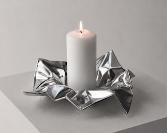 Sculptural Aluminium Candle Holder | Chrome-Like Finish, Crushed Metal Table Decor