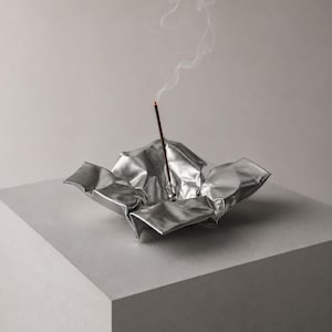 May include: A silver-coloured metal incense holder with a crinkled, foil-like texture and irregular, folded edges. A single thin incense stick is positioned upright in the centre, emitting a thin, wispy trail of white smoke into the air.