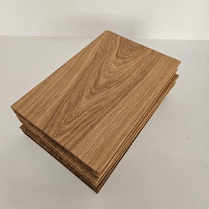 May include: A stack of four rectangular wooden planks. The planks are a light brown color with visible wood grain patterns. The edges of the planks are also visible, showing the layered construction of the wood.