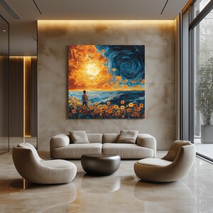 Abstraktes Landschaftsposter Sonne und Mond, Sternenhimmel & Meer, Wandkunst, Van Gogh inspiriert Digitaldruck, Fantasy Surreale Natur, Kunstwerk