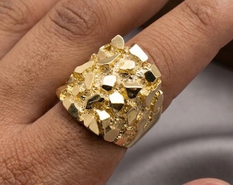 10K Solid Gold Square Nugget Ring - Statement Unisex Jewelry 20 Grams | Real 10K Gold Nugget Ring