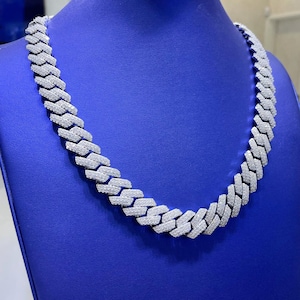 Hand Set MOISSANITE Stones Prong Cuban Link Chain Necklace Solid 925 Sterling Silver W/Rhodium Finish 25.7CTW PASSES DIAMOND Tester! 16MM