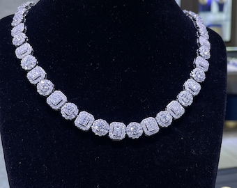 Baguette Moissanite Link Chain Necklace: 39.33 Carats, White Gold Plated