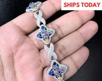 Iced Out Moissanite Bracelet 8.82CTW VVS D Color 925 Sterling Silver Colored Gemstone Sapphire Custom Made Iced Out Handmade Bracelet Clover