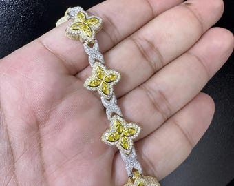 Iced Out Clover Bracelet: 9.04CT Yellow Sapphire, Moissanite, Sterling Silver