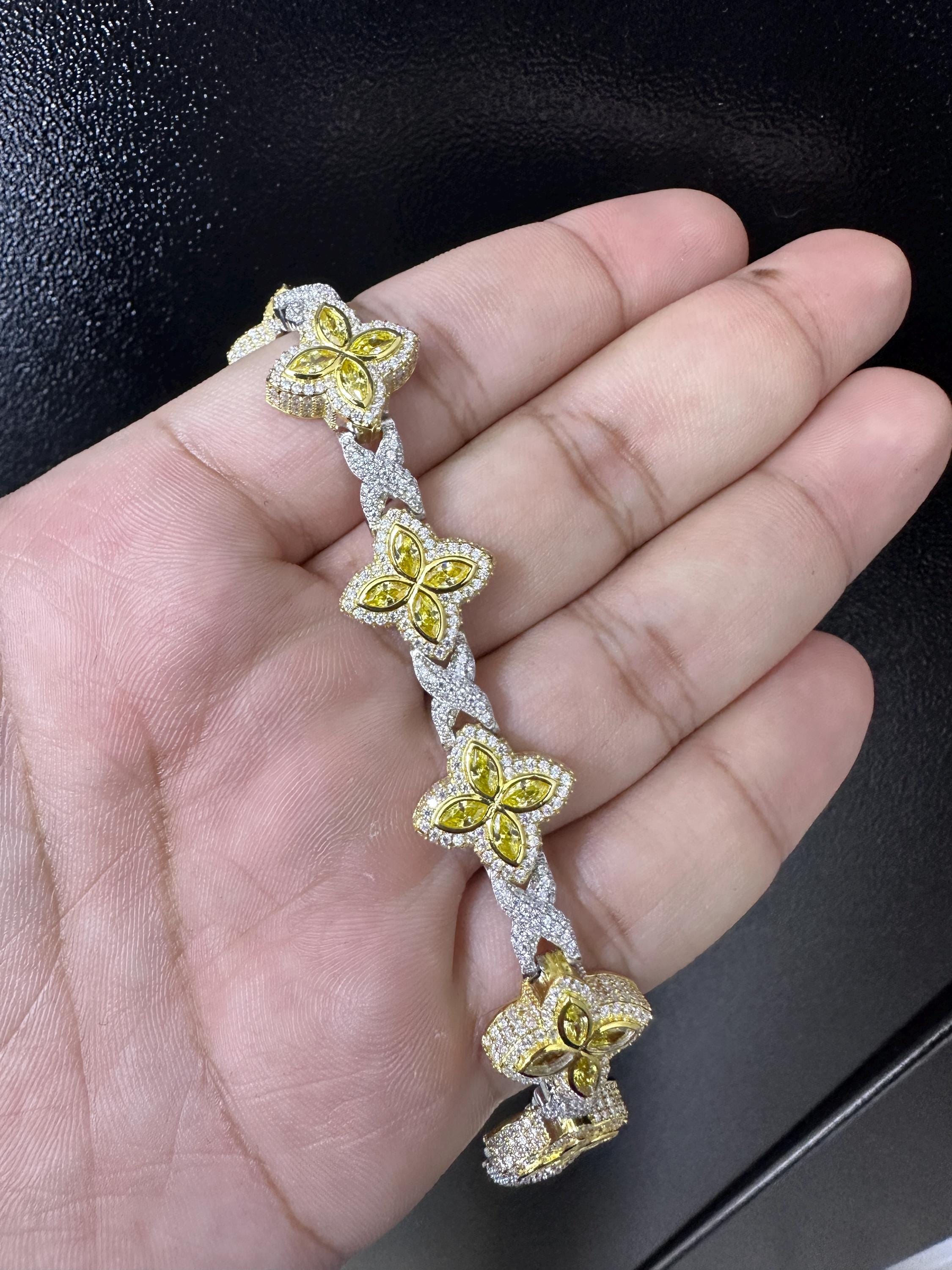 Iced Out Clover Bracelet: 9.04CT Yellow Sapphire, Moissanite