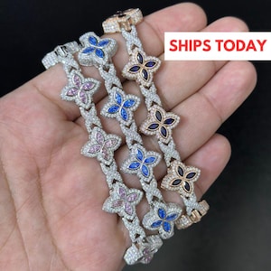Fully Iced out Colorful Clover Bracelet, VVS Moissanite Diamond Bracelet, 925 Sterling Silver Link Bracelet for men women