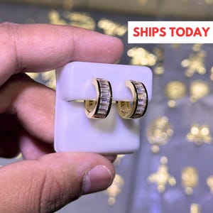 Sterling Silver Hoop Earrings Baguette & Pave Huggie Hoops, 14K Gold Plated Round Hoop Earrings, Shiny Hoops, Classic Jewelry Handmade