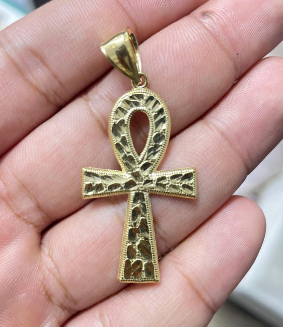 Diamond-Cut Ankh Pendant: 10K Yellow & White Gold Egyptian Cross