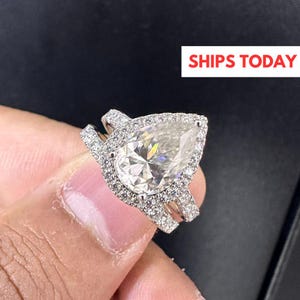 5.60 CT Pear Cut Moissanite Stone With Round Band Bridal Set Ring With Matching Band Bridal Set Wedding Ring Set Anniversary Ring Set