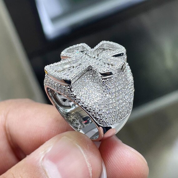 Iced Out Cross Ring: Moissanite, Gold-plated Sterling