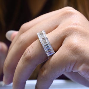 Emerald Cut Lab Diamond Eternity Band: 14K White Gold Anniversary Ring