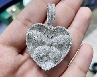 Iced Out Moissanite Heart Pendant: Sterling Silver Butterfly Necklace