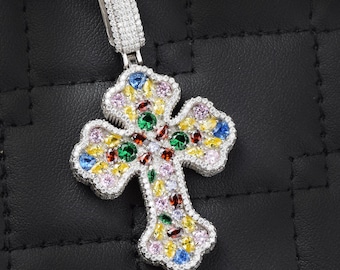 Multi-Color Moissanite Cross Pendant: 925 Sterling Silver Iced Out Hip Hop Style