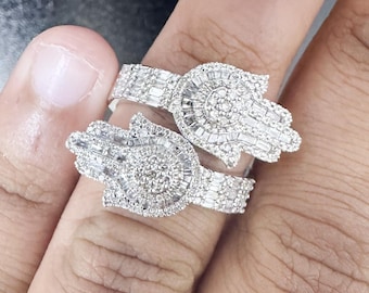 Anillo de mano de Hamsa con diamante natural de 1,28 quilates en oro blanco de 10 quilates para hombre y mujer.