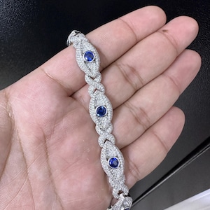 Custom Iced out Evil Eye Link Bracelet, VVS1 Quality Moissanite Diamond, Pass Diamond Tester, Heavy Quality 925 Sterling Silver