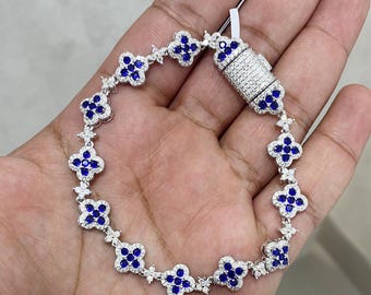 Tennis Bracelet, Gemstone Bracelet , Silver Bracelet, Diamond Bracelet, Dainty Bracelet, Gift for Her, Moissanite Diamond, Blue Clover Stone
